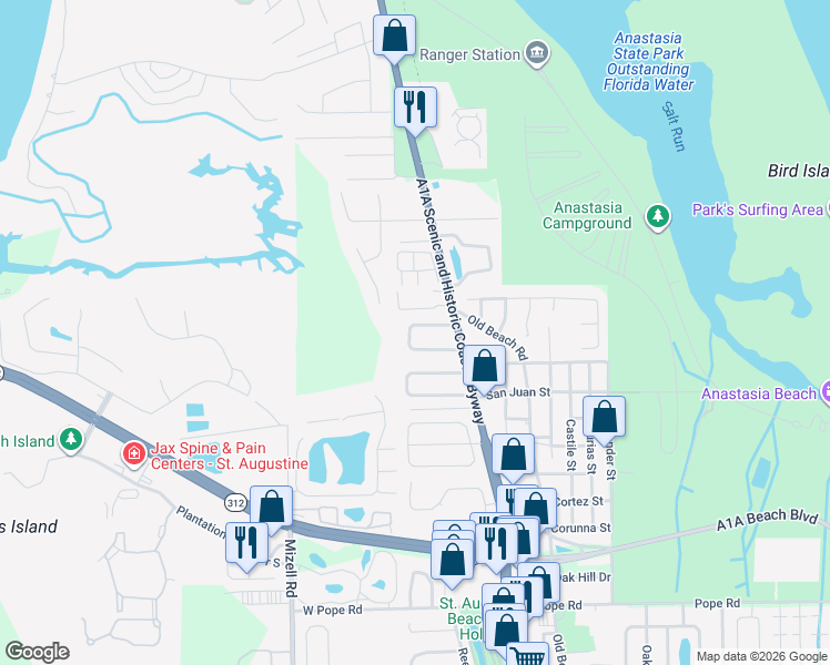 map of restaurants, bars, coffee shops, grocery stores, and more near 22 Matanzas Circle in St. Augustine