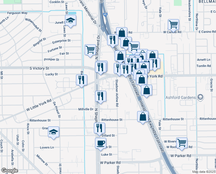 map of restaurants, bars, coffee shops, grocery stores, and more near 7450 North Shepherd Drive in Houston