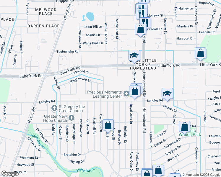 map of restaurants, bars, coffee shops, grocery stores, and more near 10618 Wolbrook Street in Houston