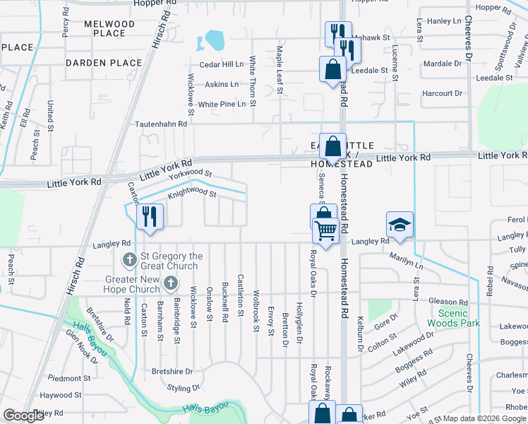 map of restaurants, bars, coffee shops, grocery stores, and more near 10618 Wolbrook Street in Houston