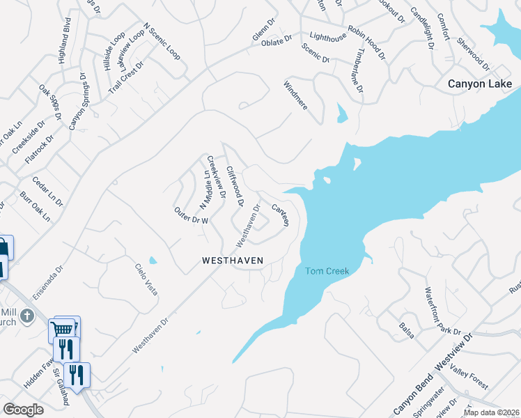 map of restaurants, bars, coffee shops, grocery stores, and more near 216 Circle Haven in Canyon Lake
