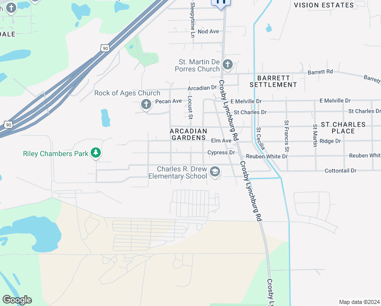 map of restaurants, bars, coffee shops, grocery stores, and more near 401 Cypress Drive in Crosby