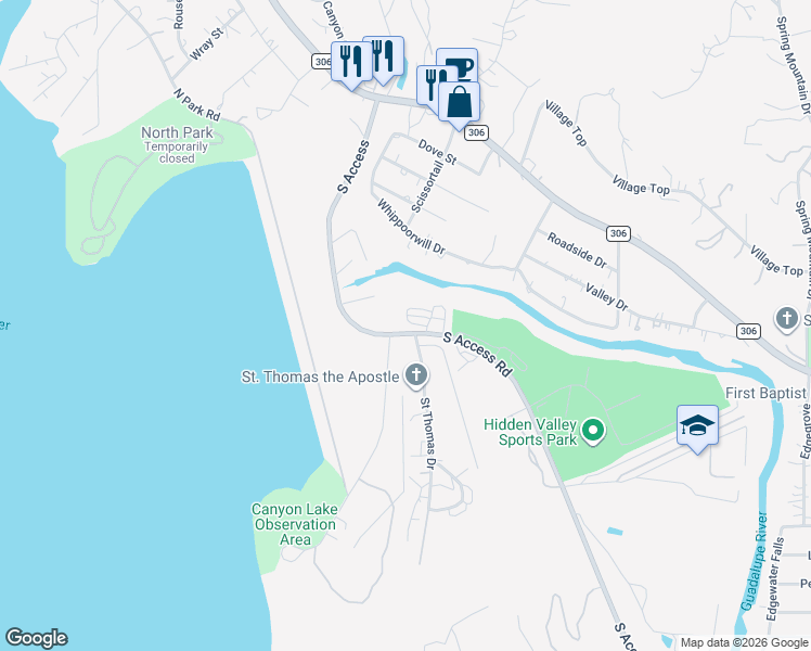map of restaurants, bars, coffee shops, grocery stores, and more near 130 Saint Thomas Drive in Canyon Lake