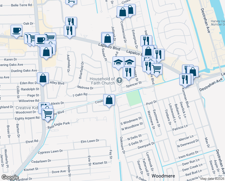 map of restaurants, bars, coffee shops, grocery stores, and more near 2141 Vineyard Lane in Harvey