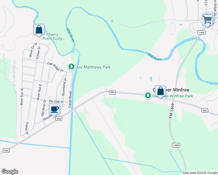 map of restaurants, bars, coffee shops, grocery stores, and more near 4507 Farm-to-Market 565 in Old River-Winfree