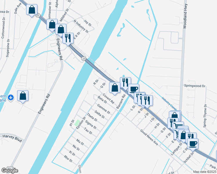 map of restaurants, bars, coffee shops, grocery stores, and more near 109 P Street in Belle Chasse