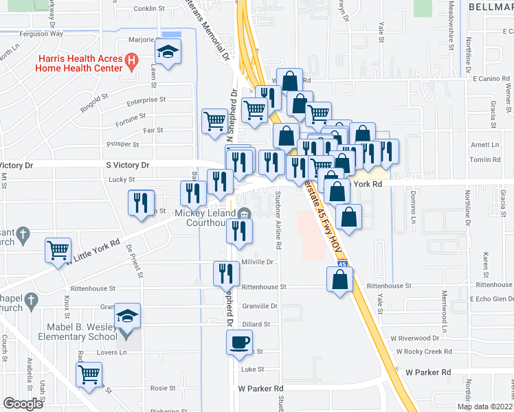 map of restaurants, bars, coffee shops, grocery stores, and more near 7450 North Shepherd Drive in Houston