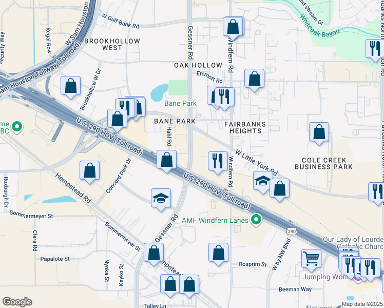 map of restaurants, bars, coffee shops, grocery stores, and more near Gessner Dr in Houston