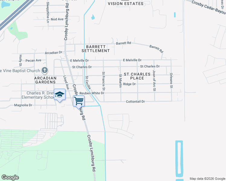 map of restaurants, bars, coffee shops, grocery stores, and more near 344 Reuben White Drive in Crosby