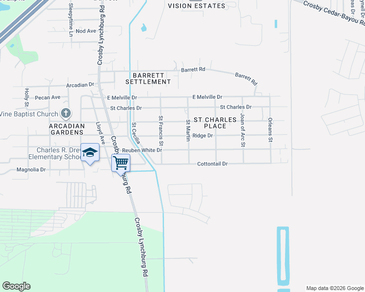 map of restaurants, bars, coffee shops, grocery stores, and more near 344 Reuben White Drive in Crosby