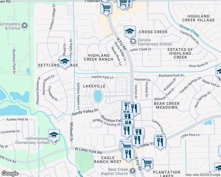 map of restaurants, bars, coffee shops, grocery stores, and more near 6242 Settlers Lake Circle East in Katy