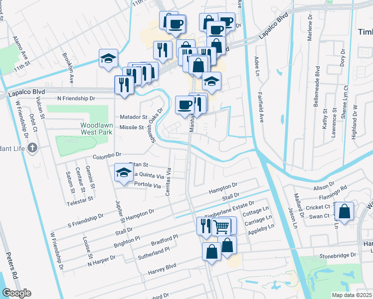 map of restaurants, bars, coffee shops, grocery stores, and more near 2936 Manhattan Boulevard in Harvey