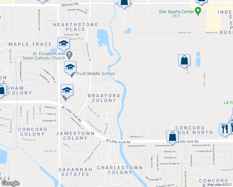 map of restaurants, bars, coffee shops, grocery stores, and more near 6419 Horsepen Bayou Drive in Houston