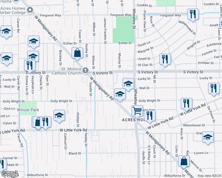 map of restaurants, bars, coffee shops, grocery stores, and more near 8104 West Montgomery Road in Houston