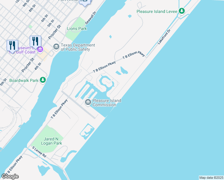 map of restaurants, bars, coffee shops, grocery stores, and more near 818 Southwind in Port Arthur