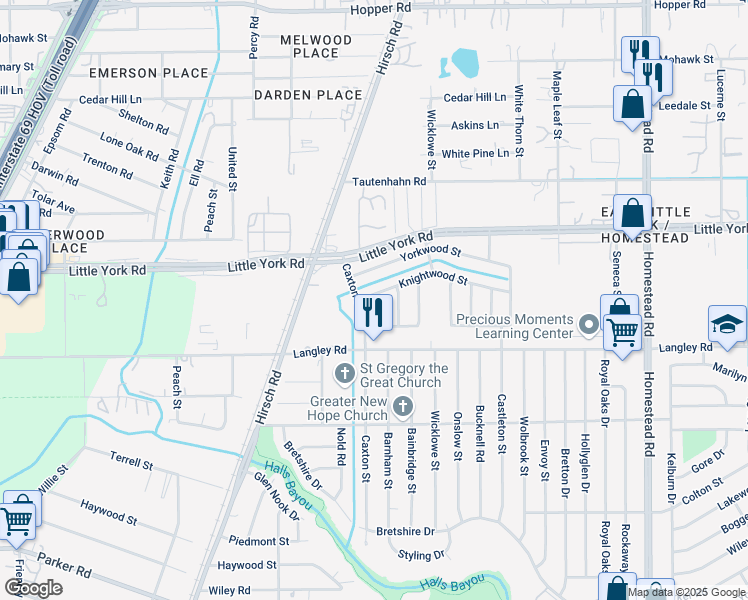 map of restaurants, bars, coffee shops, grocery stores, and more near 10623 Caxton Street in Houston