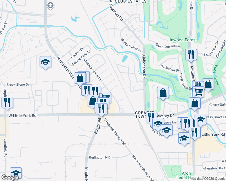 map of restaurants, bars, coffee shops, grocery stores, and more near 6407 King Post Drive in Houston