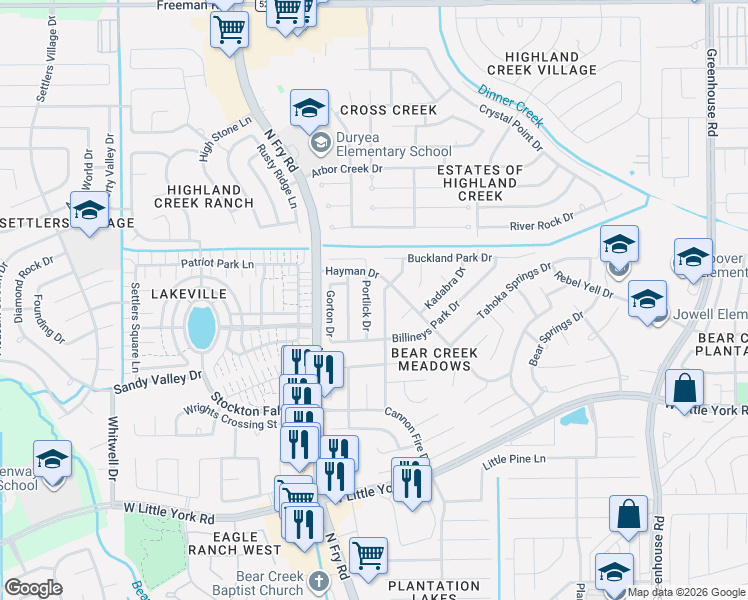 map of restaurants, bars, coffee shops, grocery stores, and more near 6606 Portlick Drive in Katy