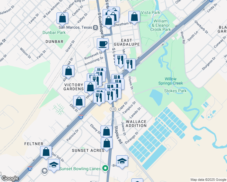 map of restaurants, bars, coffee shops, grocery stores, and more near 123 North Interstate Highway 35 in San Marcos