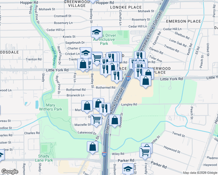 map of restaurants, bars, coffee shops, grocery stores, and more near 3499 Rothermel Road in Houston