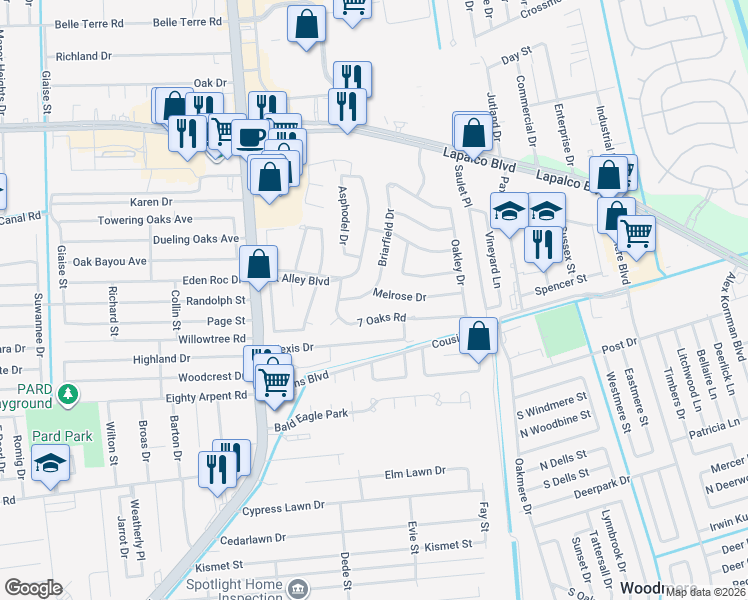 map of restaurants, bars, coffee shops, grocery stores, and more near 23 7 Oaks Road in Marrero