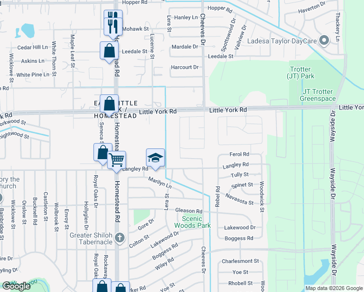 map of restaurants, bars, coffee shops, grocery stores, and more near 7411 Wheatley Street in Houston