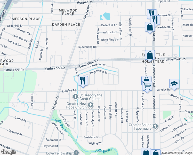 map of restaurants, bars, coffee shops, grocery stores, and more near 10606 Bainbridge Street in Houston
