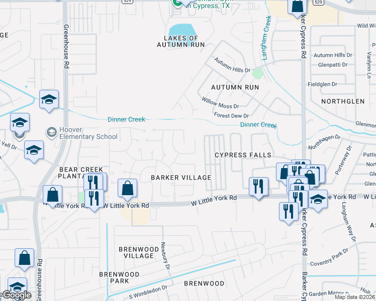 map of restaurants, bars, coffee shops, grocery stores, and more near 18506 Windy Village Lane in Katy