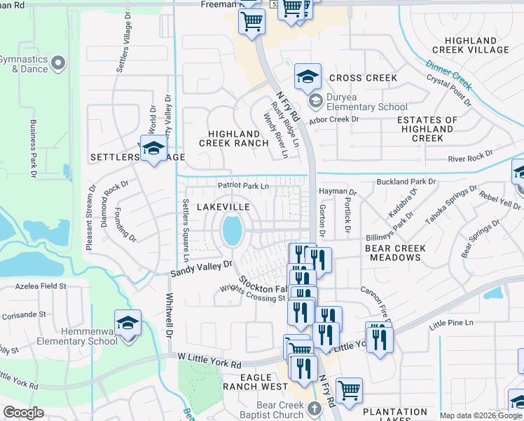 map of restaurants, bars, coffee shops, grocery stores, and more near 6242 Settlers Lake Circle East in Katy