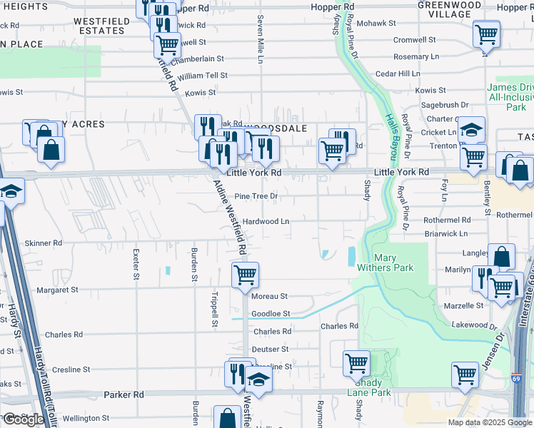 map of restaurants, bars, coffee shops, grocery stores, and more near 2322 Hardwood Lane in Houston