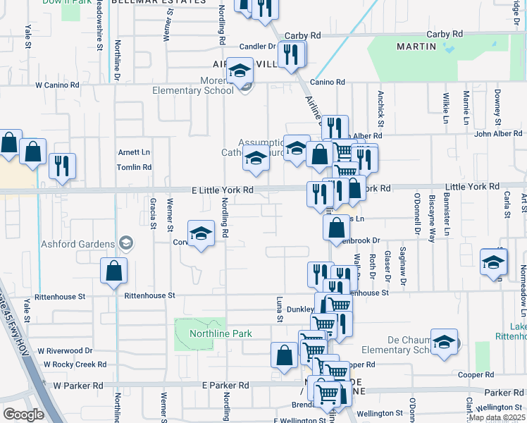 map of restaurants, bars, coffee shops, grocery stores, and more near 600 East Little York Road in Houston