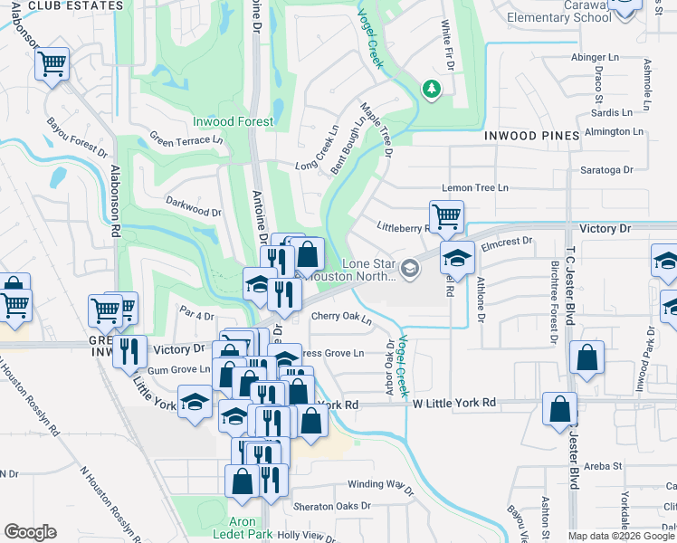 map of restaurants, bars, coffee shops, grocery stores, and more near 4444 Victory Drive in Houston