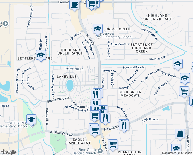 map of restaurants, bars, coffee shops, grocery stores, and more near 6442 Provident Green Drive in Katy