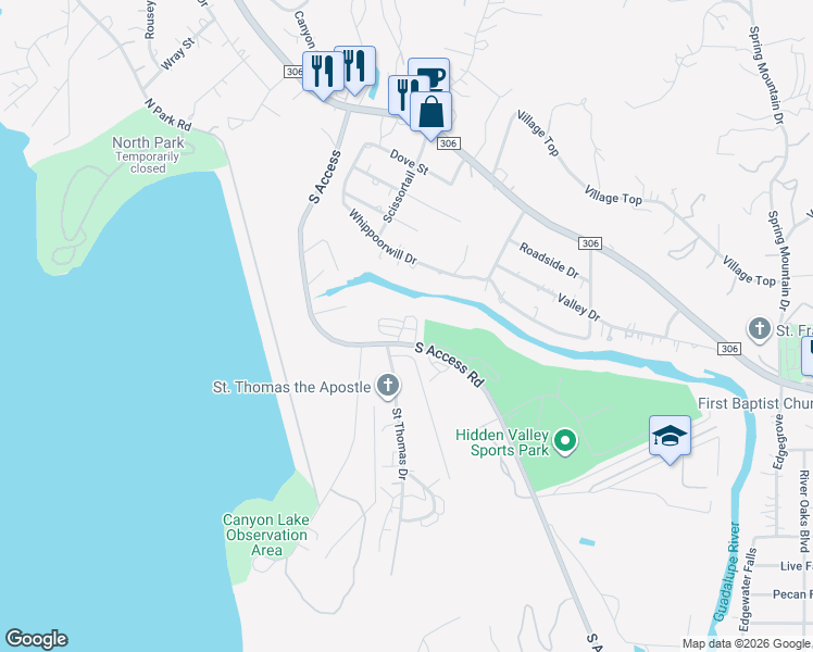 map of restaurants, bars, coffee shops, grocery stores, and more near 924 Whippoorwill Drive in Canyon Lake