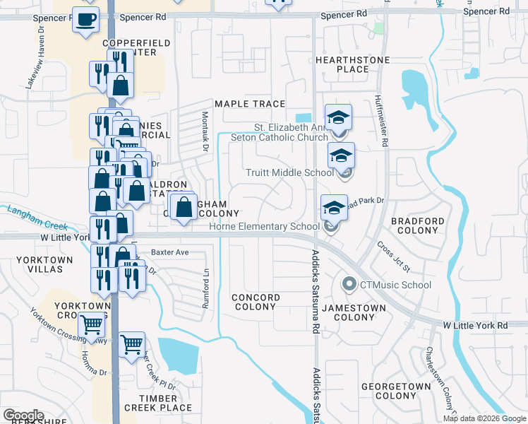 map of restaurants, bars, coffee shops, grocery stores, and more near 15118 Cabots Landing Drive in Houston