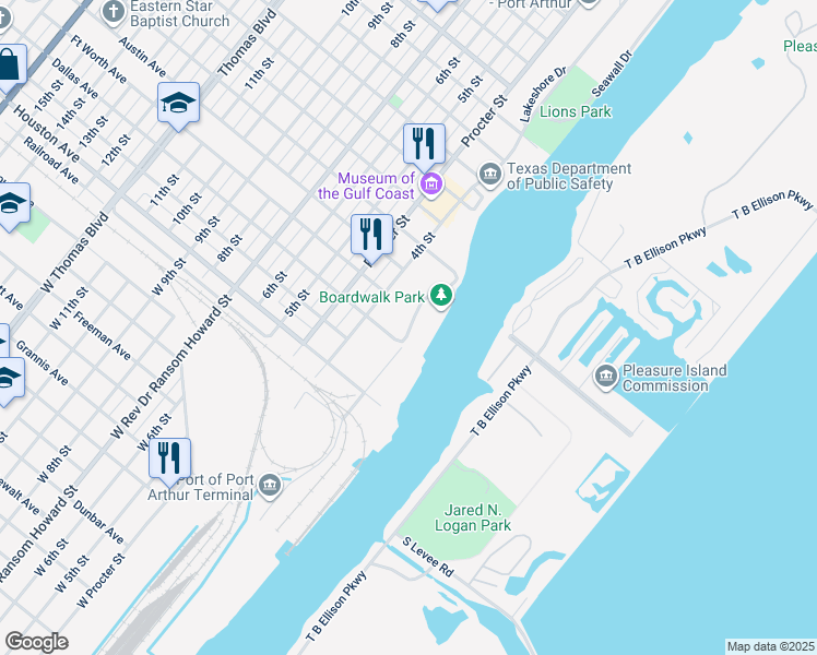 map of restaurants, bars, coffee shops, grocery stores, and more near in Port Arthur