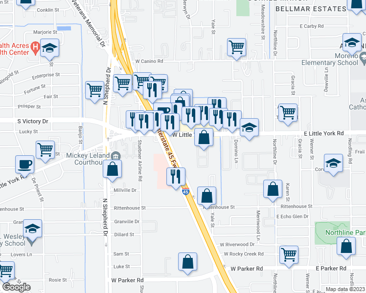 map of restaurants, bars, coffee shops, grocery stores, and more near 419 West Little York Road in Houston