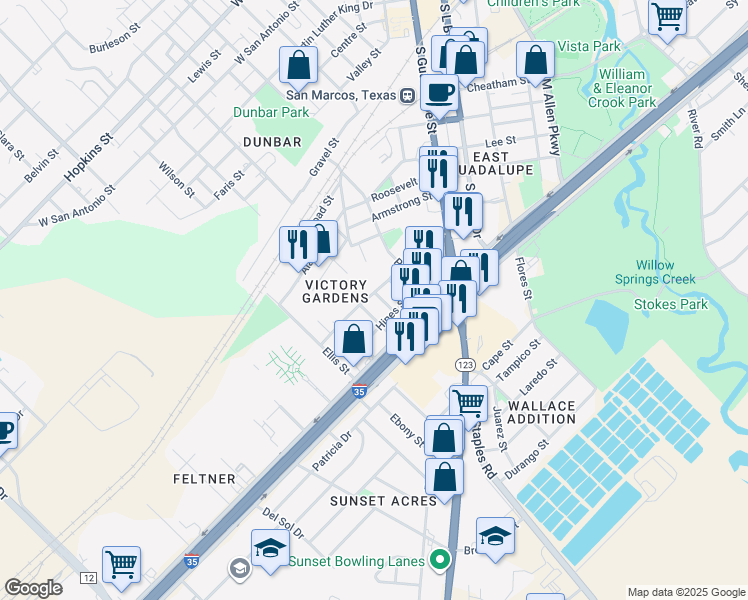 map of restaurants, bars, coffee shops, grocery stores, and more near 412 Knox Street in San Marcos