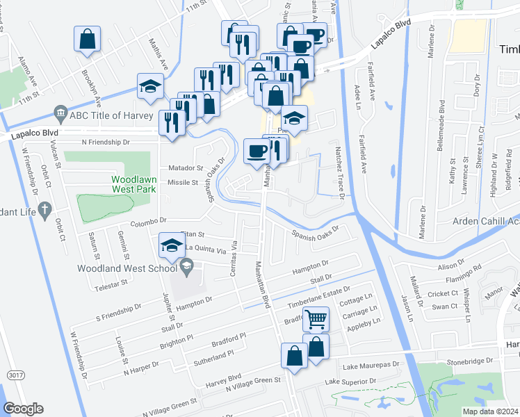map of restaurants, bars, coffee shops, grocery stores, and more near 2845 Manhattan Boulevard in Harvey