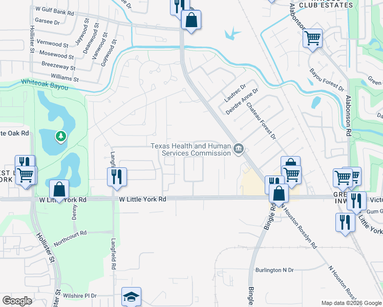 map of restaurants, bars, coffee shops, grocery stores, and more near 6827 Hampden Point Court in Houston