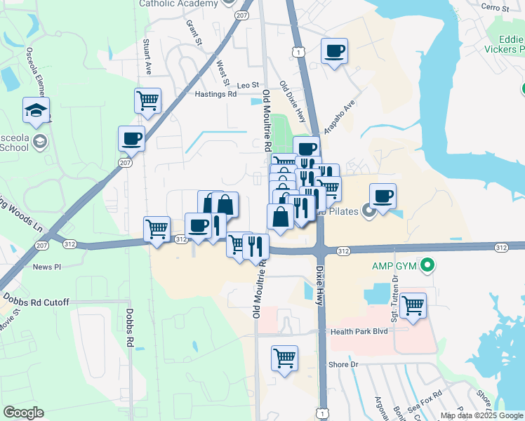 map of restaurants, bars, coffee shops, grocery stores, and more near 1795 Old Moultrie Road in St. Augustine