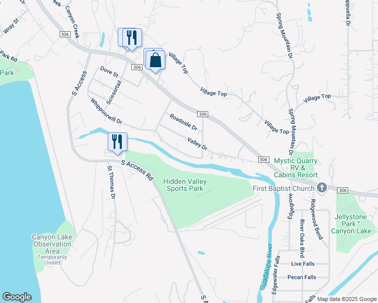 map of restaurants, bars, coffee shops, grocery stores, and more near 1719 Valley Drive in Canyon Lake