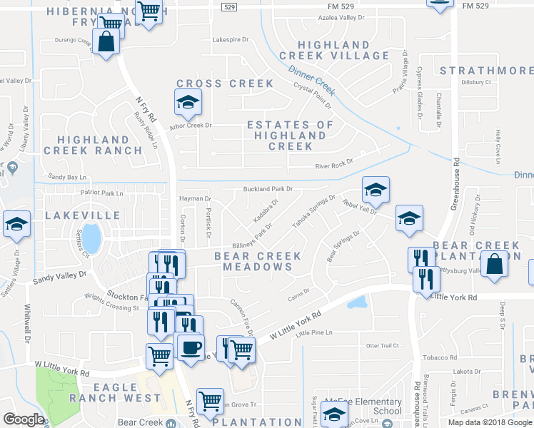 map of restaurants, bars, coffee shops, grocery stores, and more near 19507 Kadabra Drive in Katy