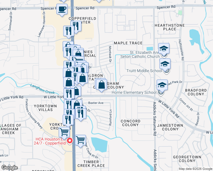 map of restaurants, bars, coffee shops, grocery stores, and more near 6446 Kentwick Drive in Houston