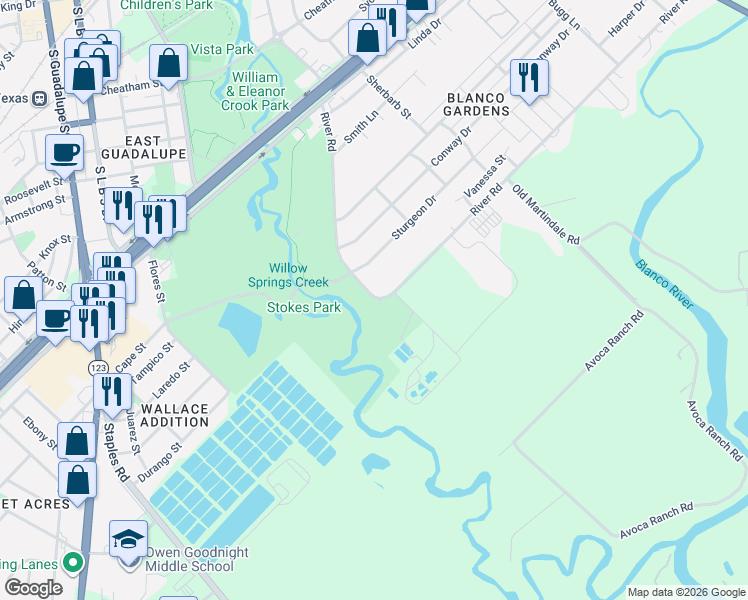 map of restaurants, bars, coffee shops, grocery stores, and more near 720 River Road in San Marcos