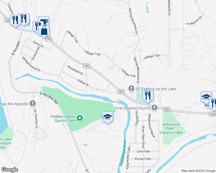 map of restaurants, bars, coffee shops, grocery stores, and more near 13304-13518 Farm to Market Road 306 in Canyon Lake