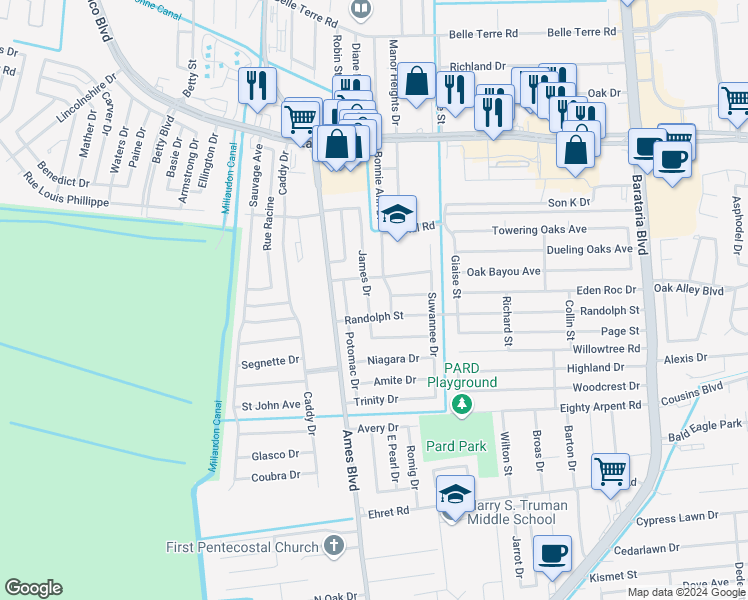map of restaurants, bars, coffee shops, grocery stores, and more near 2117 James Drive in Marrero
