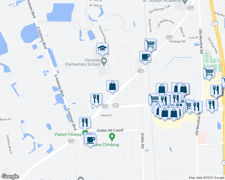 map of restaurants, bars, coffee shops, grocery stores, and more near 1200 Whispering Circle in St. Augustine