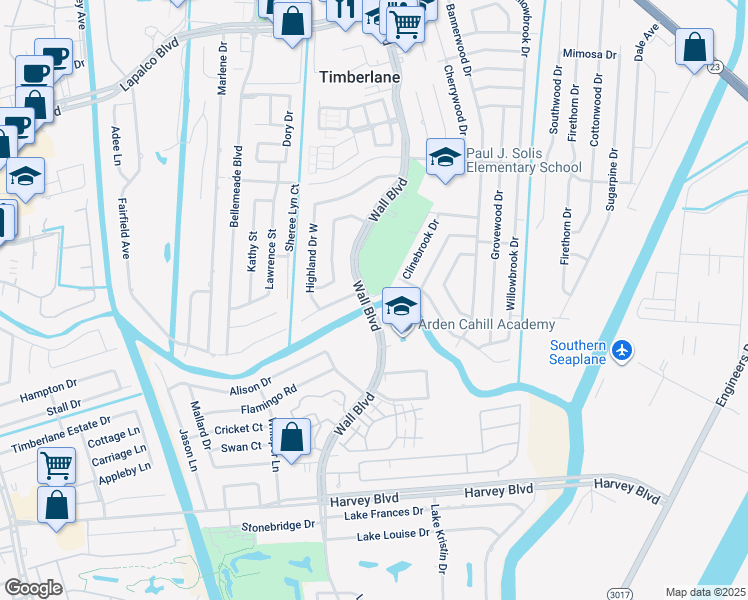 map of restaurants, bars, coffee shops, grocery stores, and more near in Timberlane