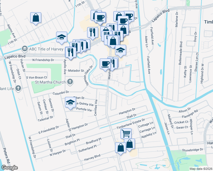 map of restaurants, bars, coffee shops, grocery stores, and more near 2845 Manhattan Boulevard in Harvey